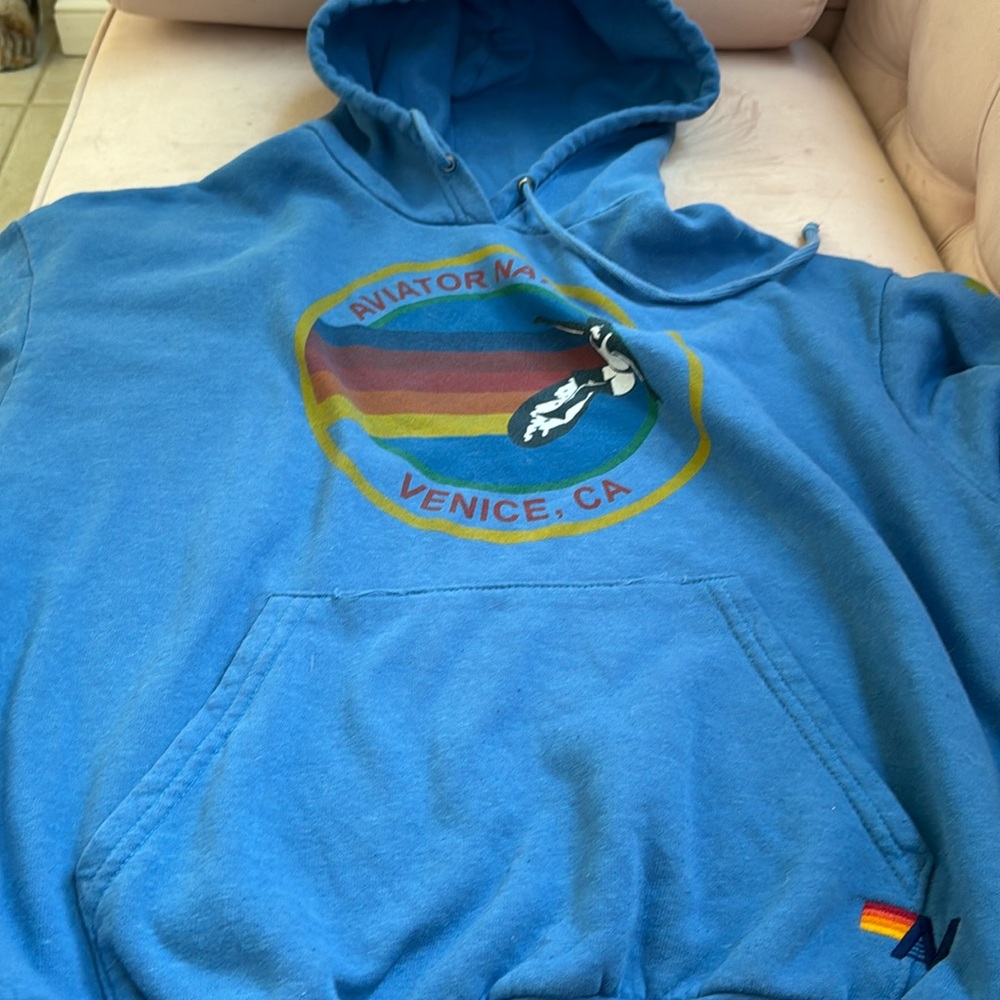 Aviator Nation Blue Hoodie with Rainbow Logo